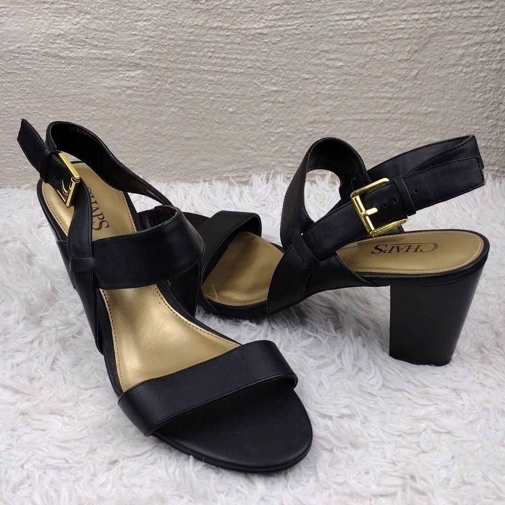 Chaps Black Faux Leather Almond Open Toe High Blocked Heel Slingback Sandal